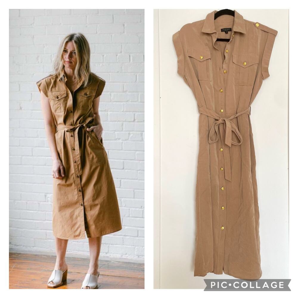 Rag & Bone Roxanne Midi Dress Utility Button Down Collared Casual Tan sz S